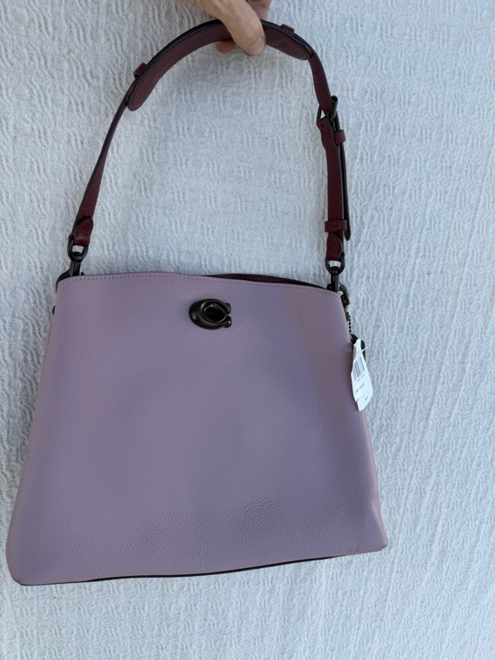 Coach Lavender Pebbled Leather Shoulder Bag with Burgundy Strap